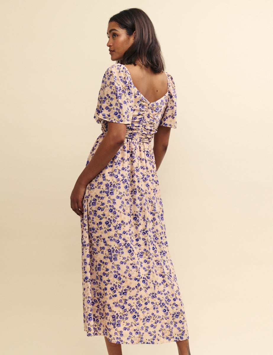 Multi Ditsy Floral Cut Work Detail Tulip Midi Dress