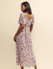 Multi Ditsy Floral Cut Work Detail Tulip Midi Dress
