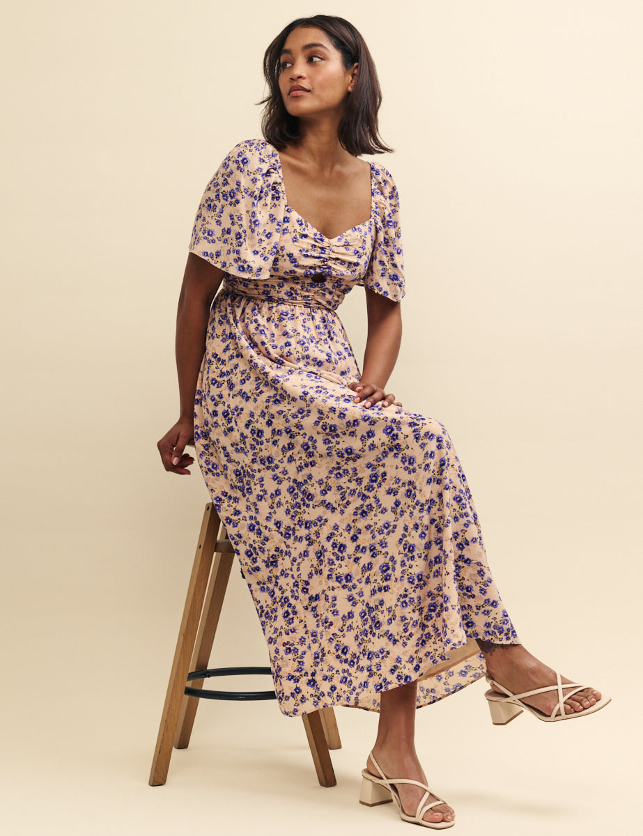 Multi Ditsy Floral Cut Work Detail Tulip Midi Dress