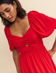 Red Cut Work Detail Tulip Midi Dress