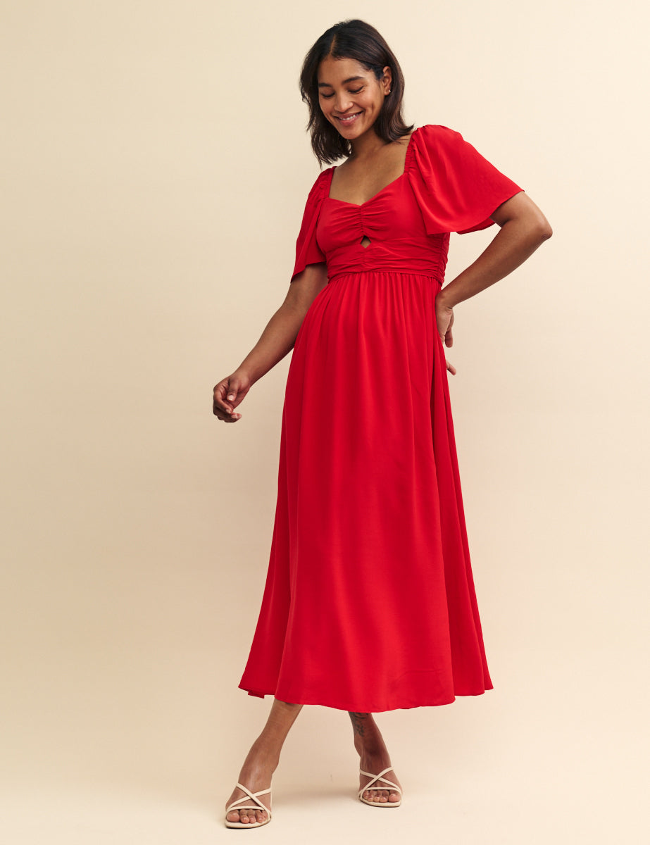 Red Cut Work Detail Tulip Midi Dress