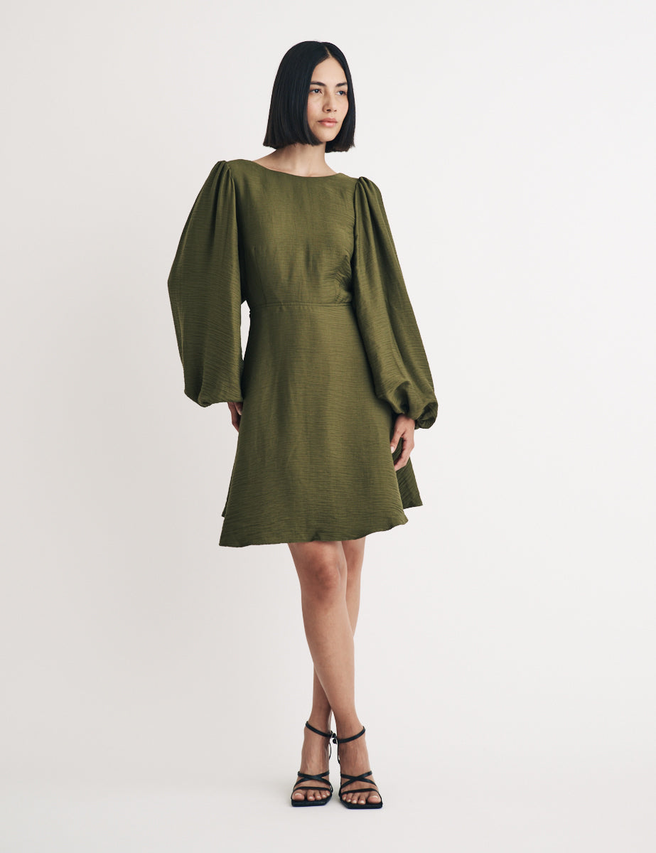 Khaki Balloon Sleeve Zola Mini Dress