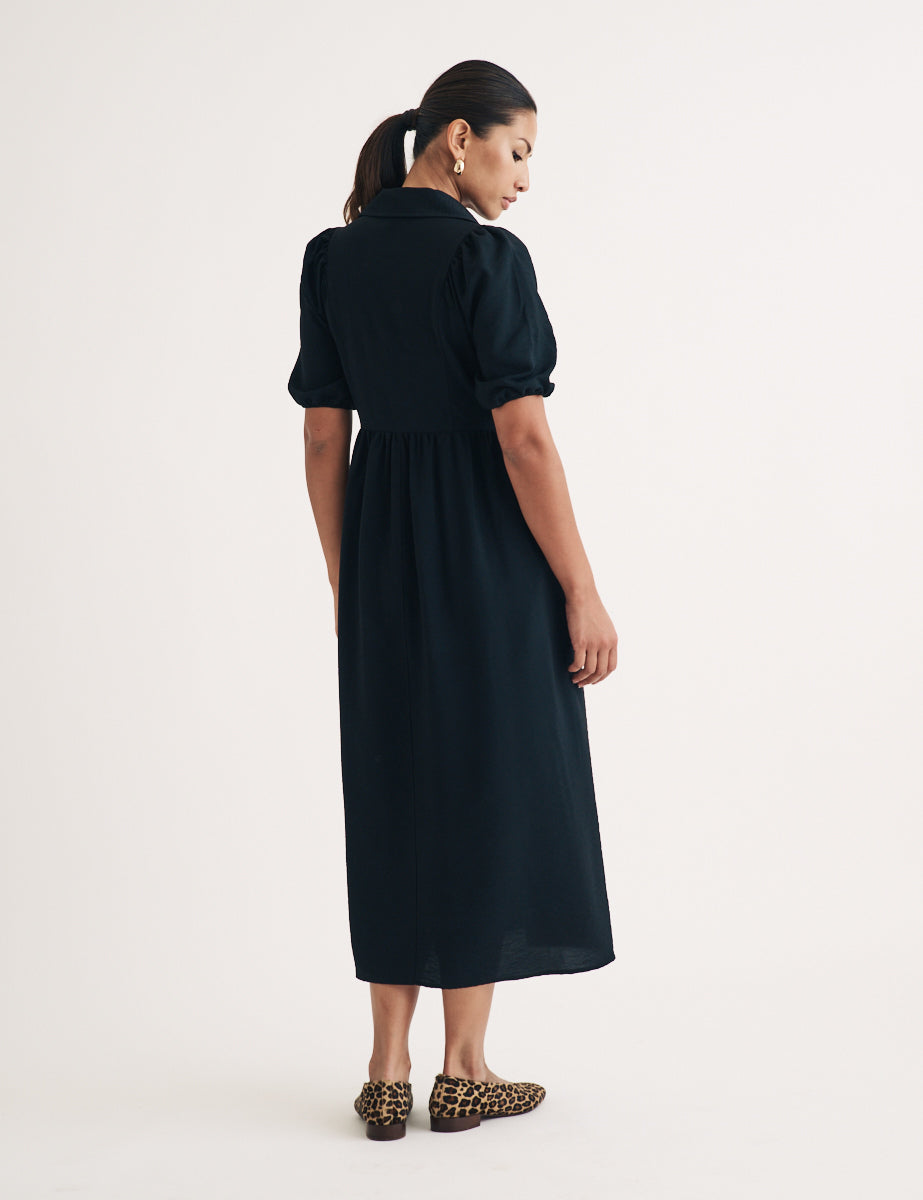 Black Open Collar Hebe Midi Dress