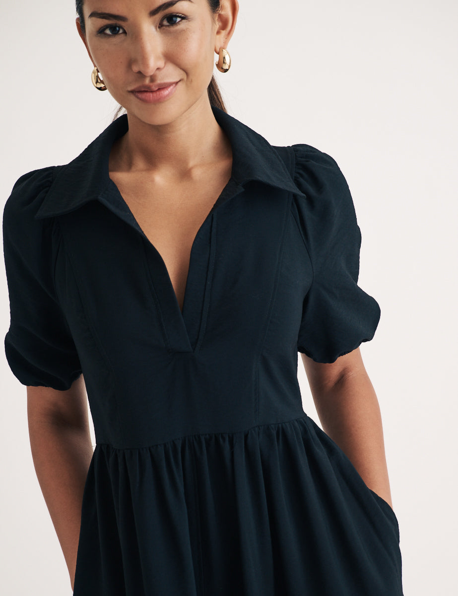 Black Open Collar Hebe Midi Dress