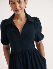 Black Open Collar Hebe Midi Dress
