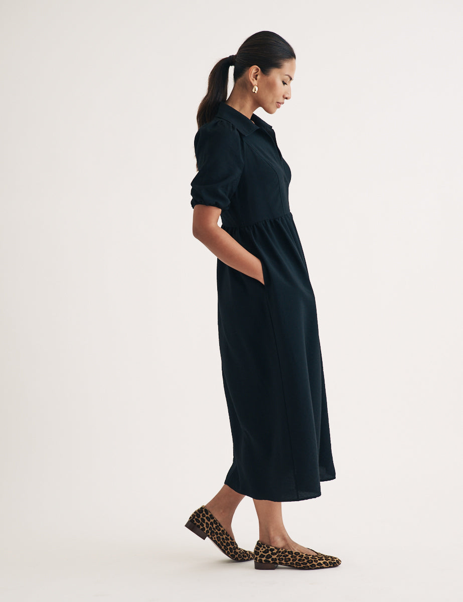Black Open Collar Hebe Midi Dress