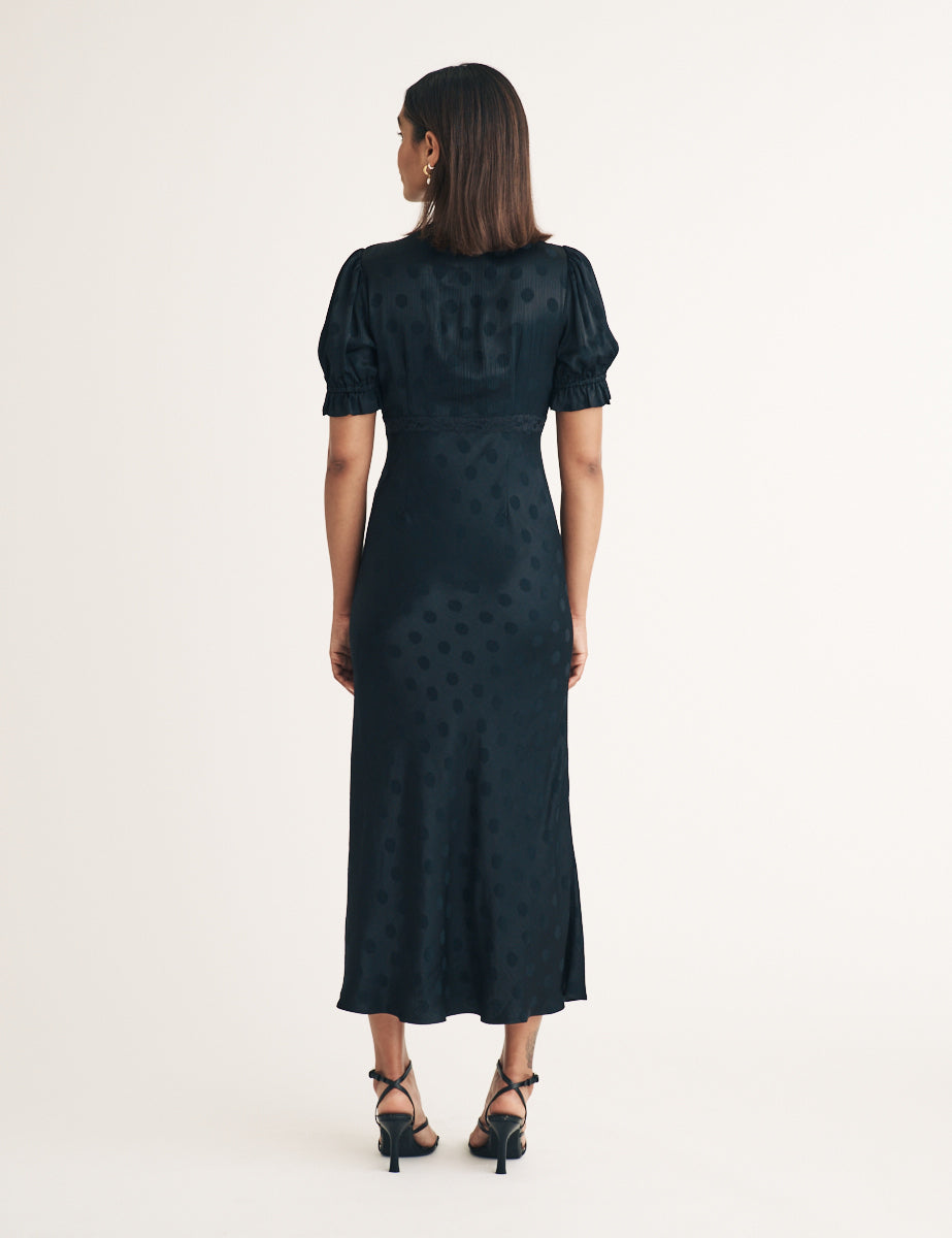 Black Polka Dot Jacquard Angela Midi Dress