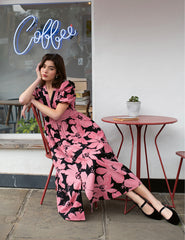 Pink Flower Print Starlight Midi Dress