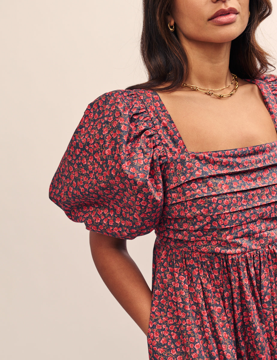 Red Rose Print Nova Midi Smock Dress