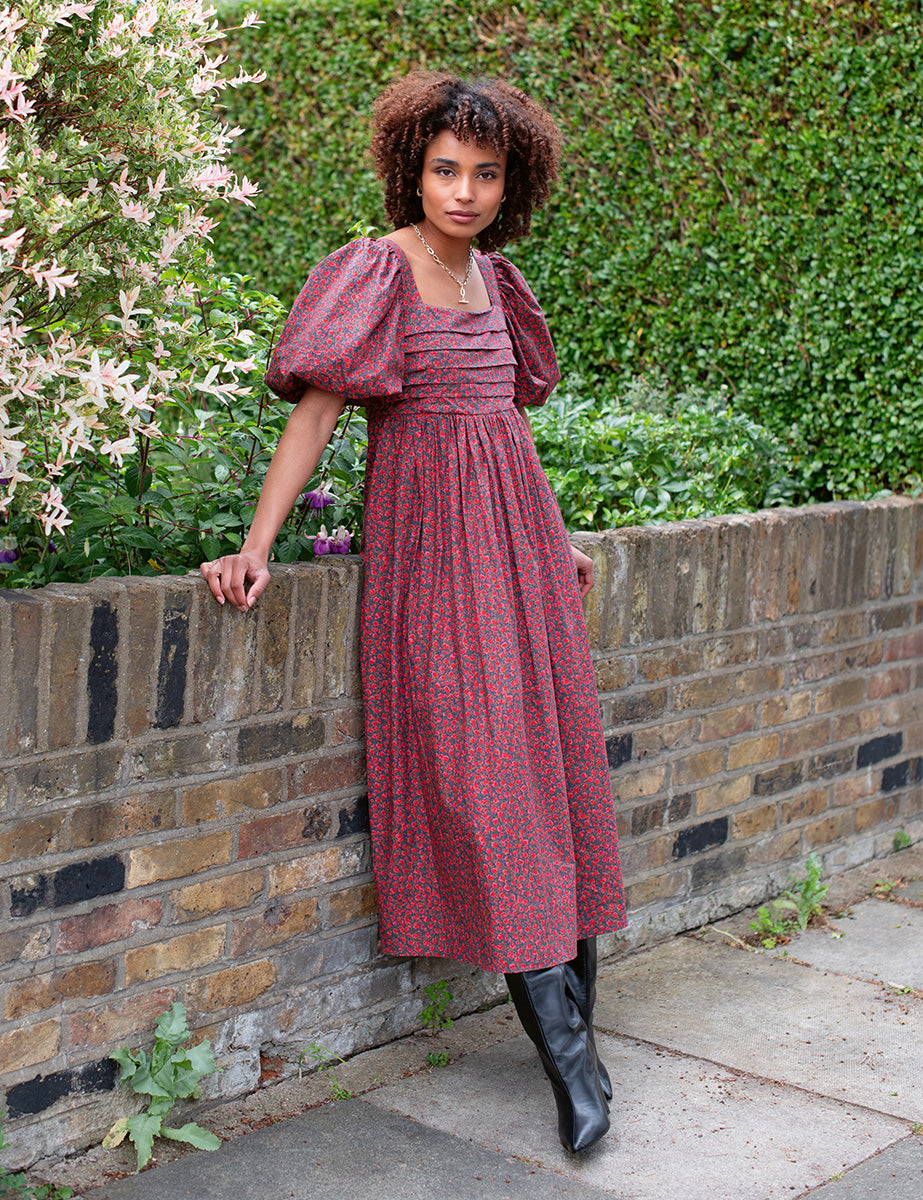 Red Rose Print Nova Midi Smock Dress