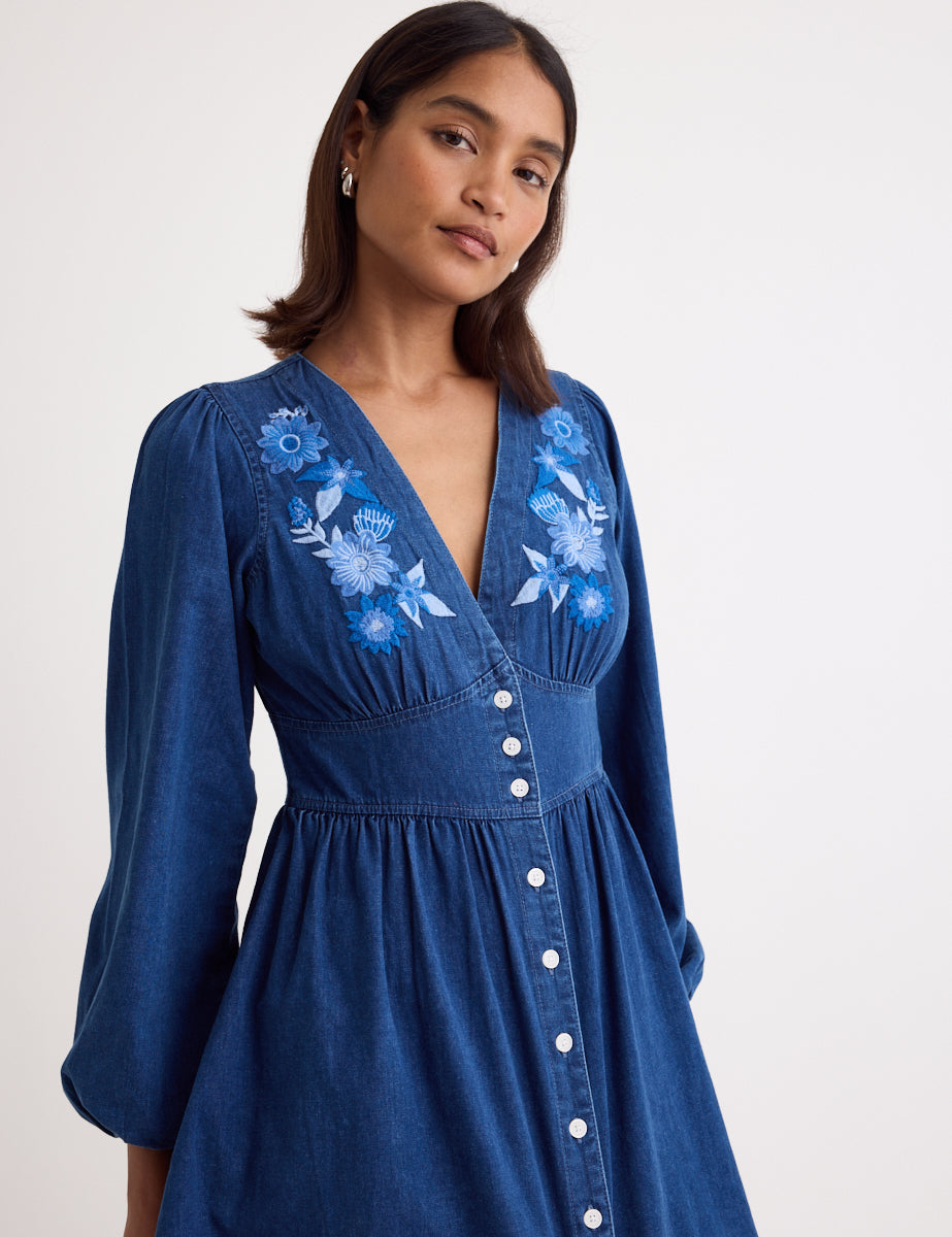 Denim Embroidered Long Sleeve Starlight Mini Dress