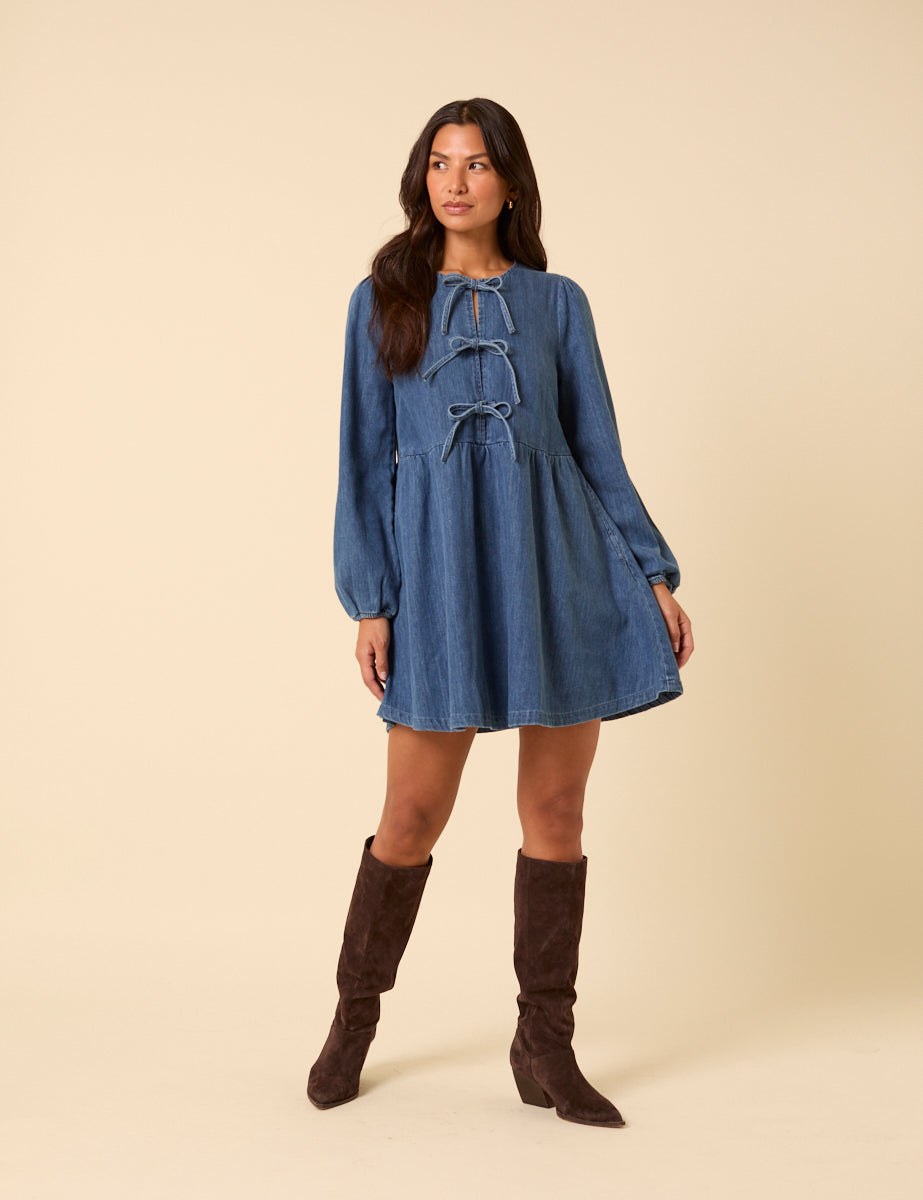 Denim Tie Front Eden Mini Dress
