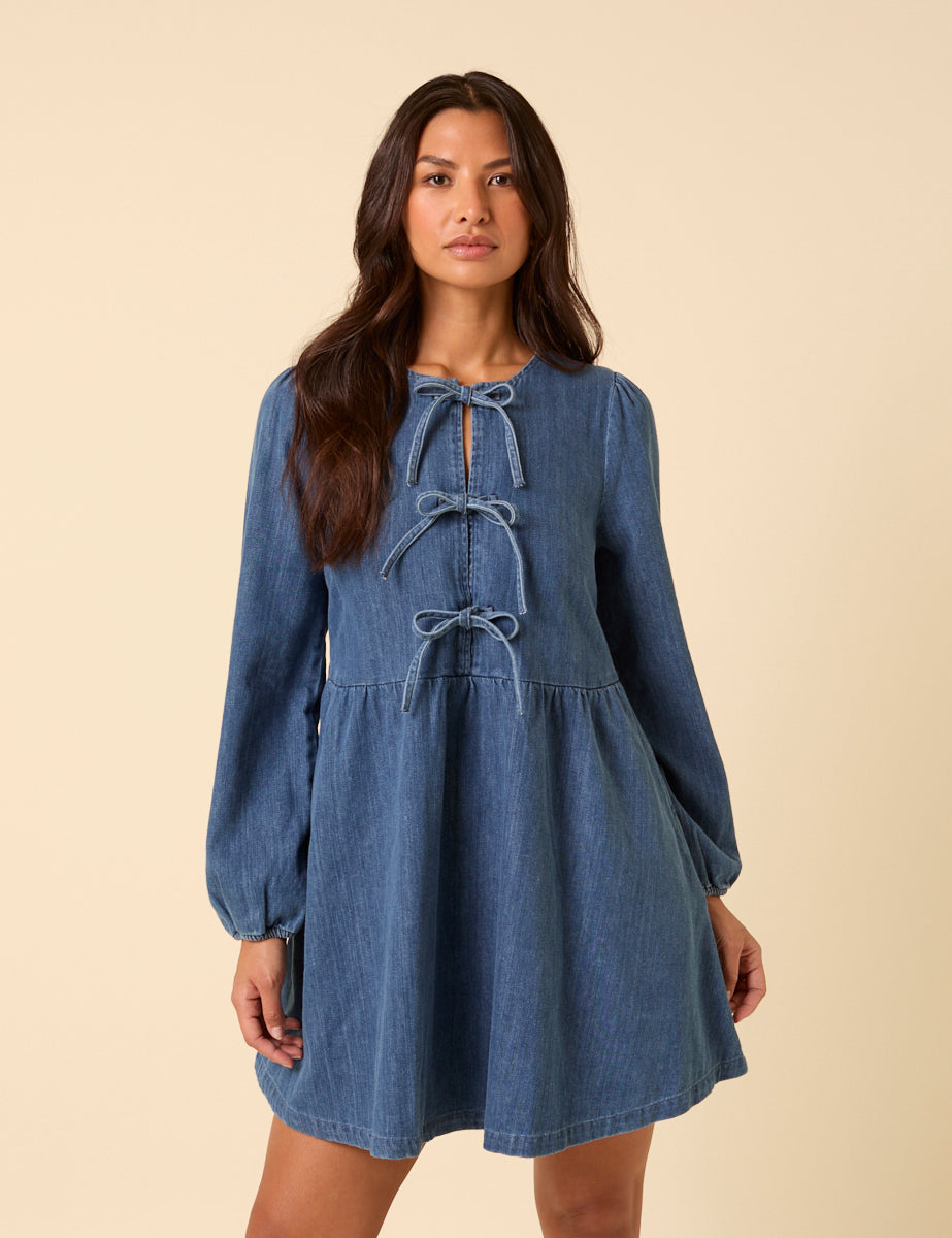 Denim Tie Front Eden Mini Dress
