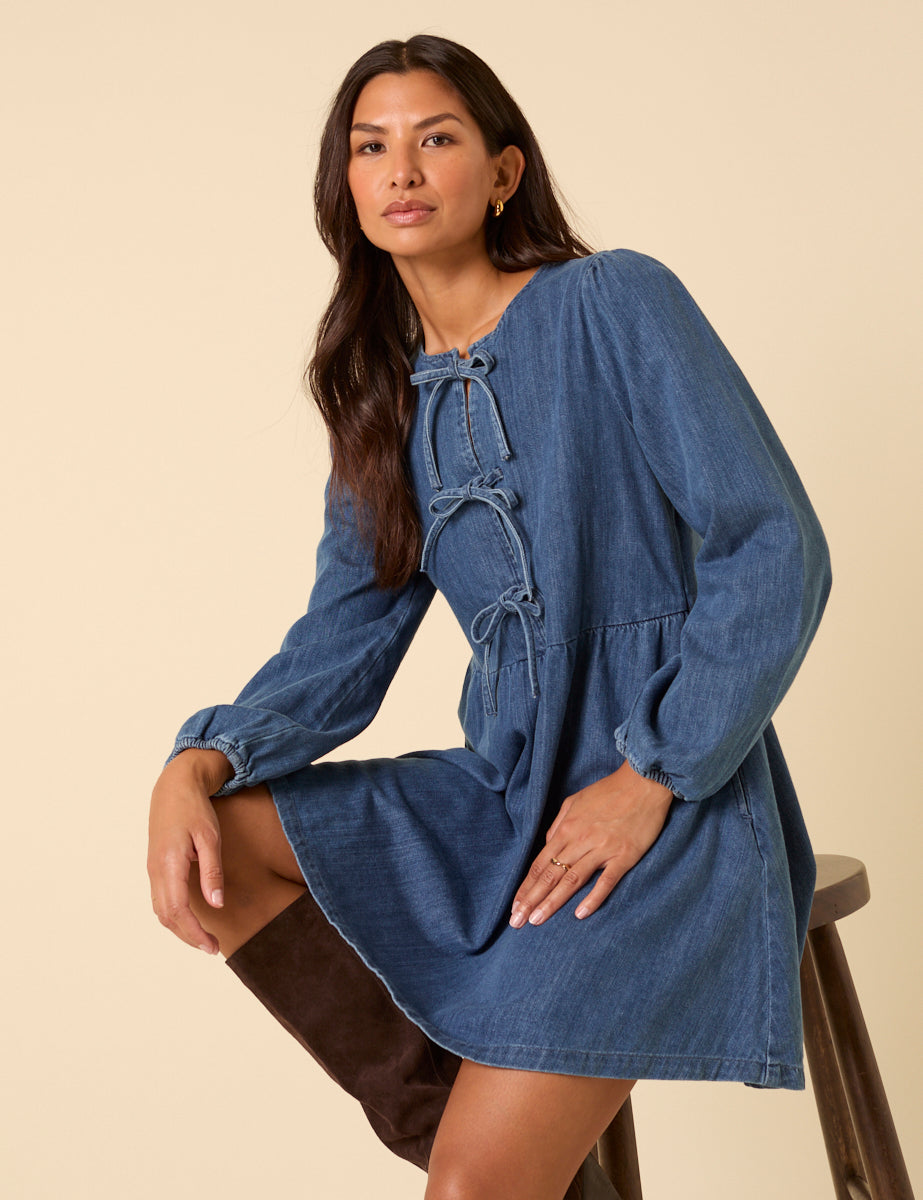 Denim Tie Front Eden Mini Dress