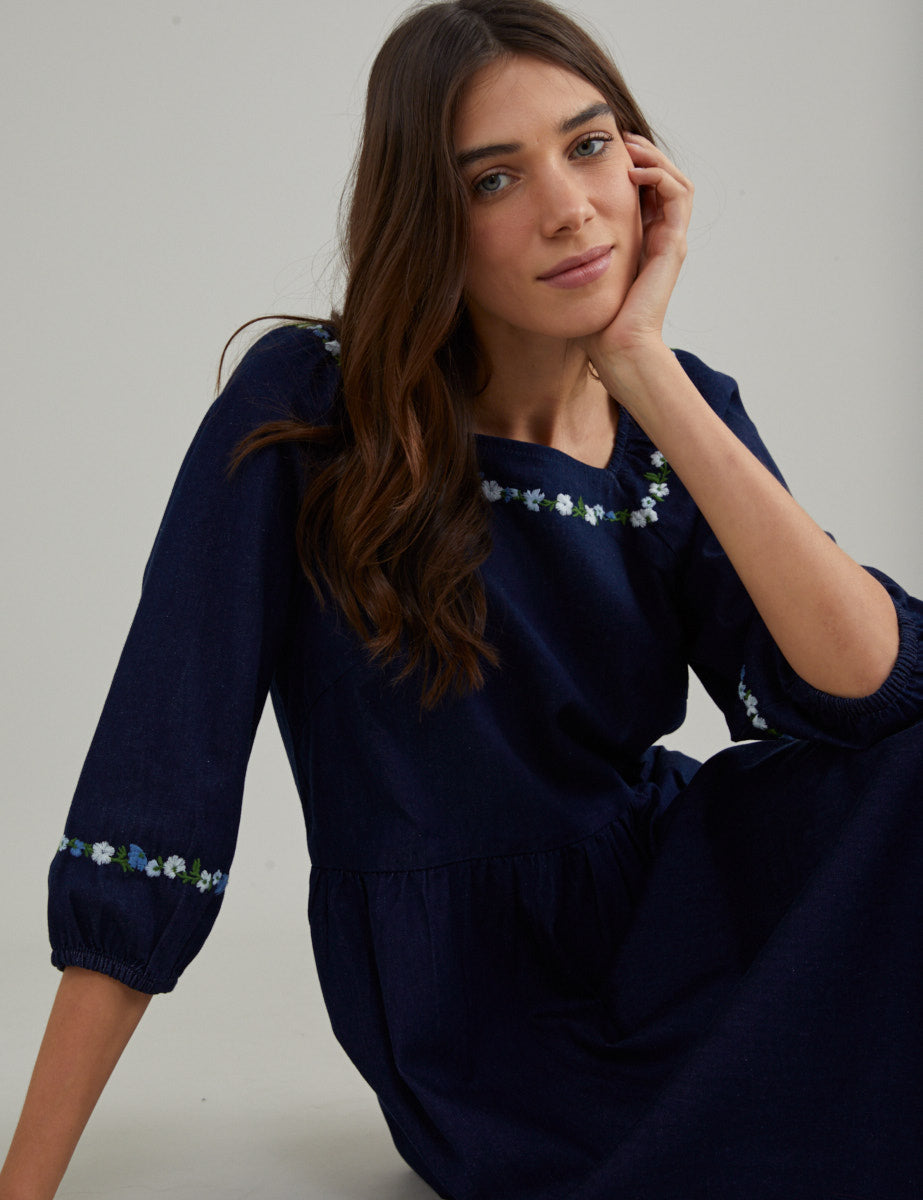 Dark Blue Denim Embroidered Garland Midi Dress