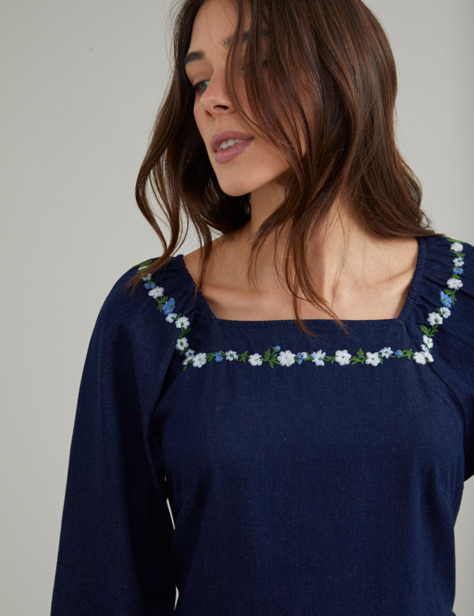 Dark Blue Denim Embroidered Garland Midi Dress