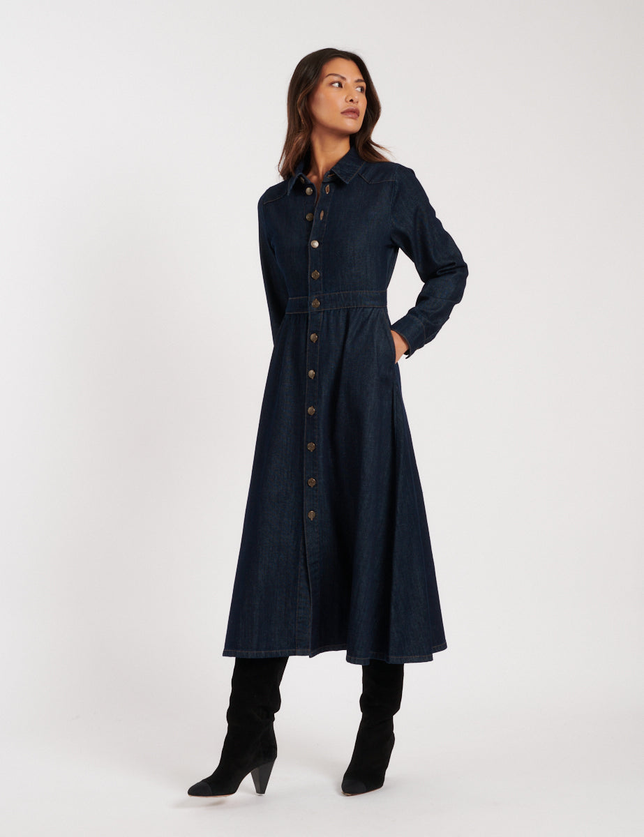 Dark Wash Denim Graceland Midi Shirt Dress
