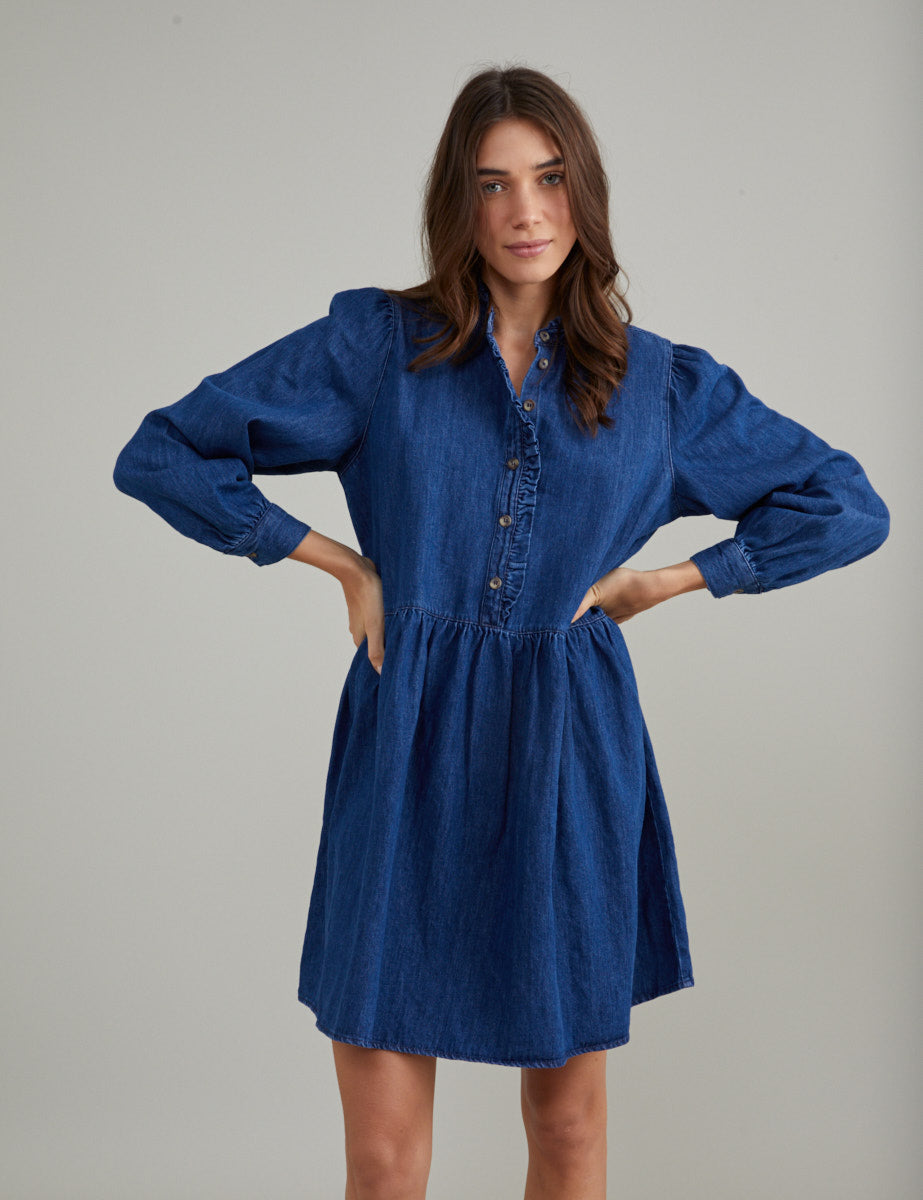 Blue Denim Long Sleeve Mini Shirt Dress