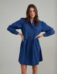 Blue Denim Long Sleeve Mini Shirt Dress