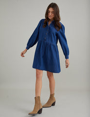 Blue Denim Long Sleeve Mini Shirt Dress