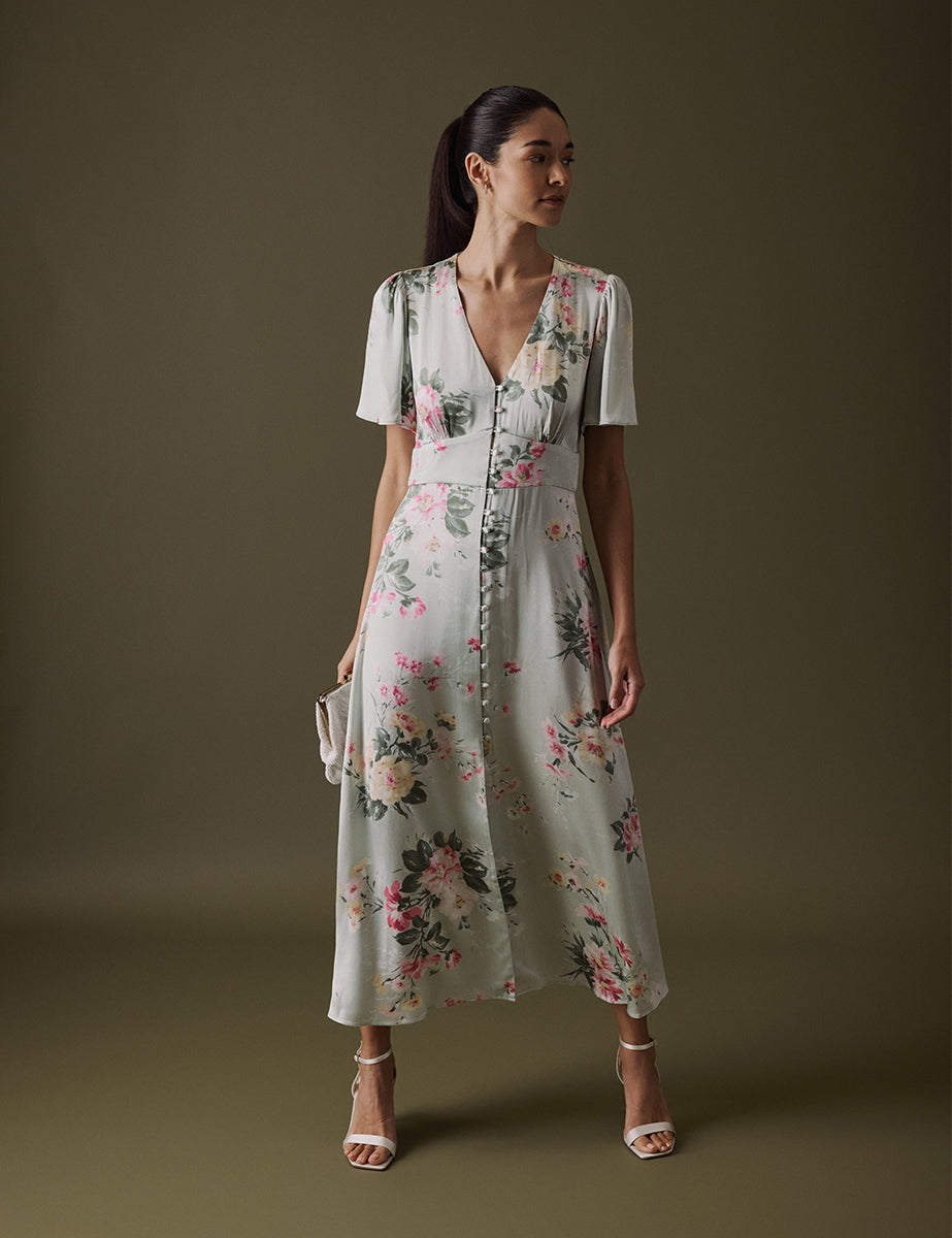 Floral Green V Neck Midi Erin Dress