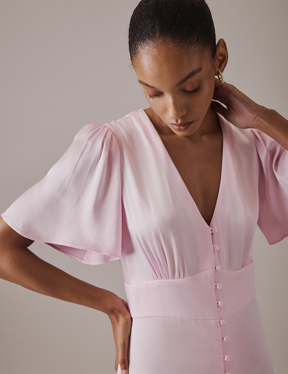 Soft Pink V Neck Midi Erin Dress