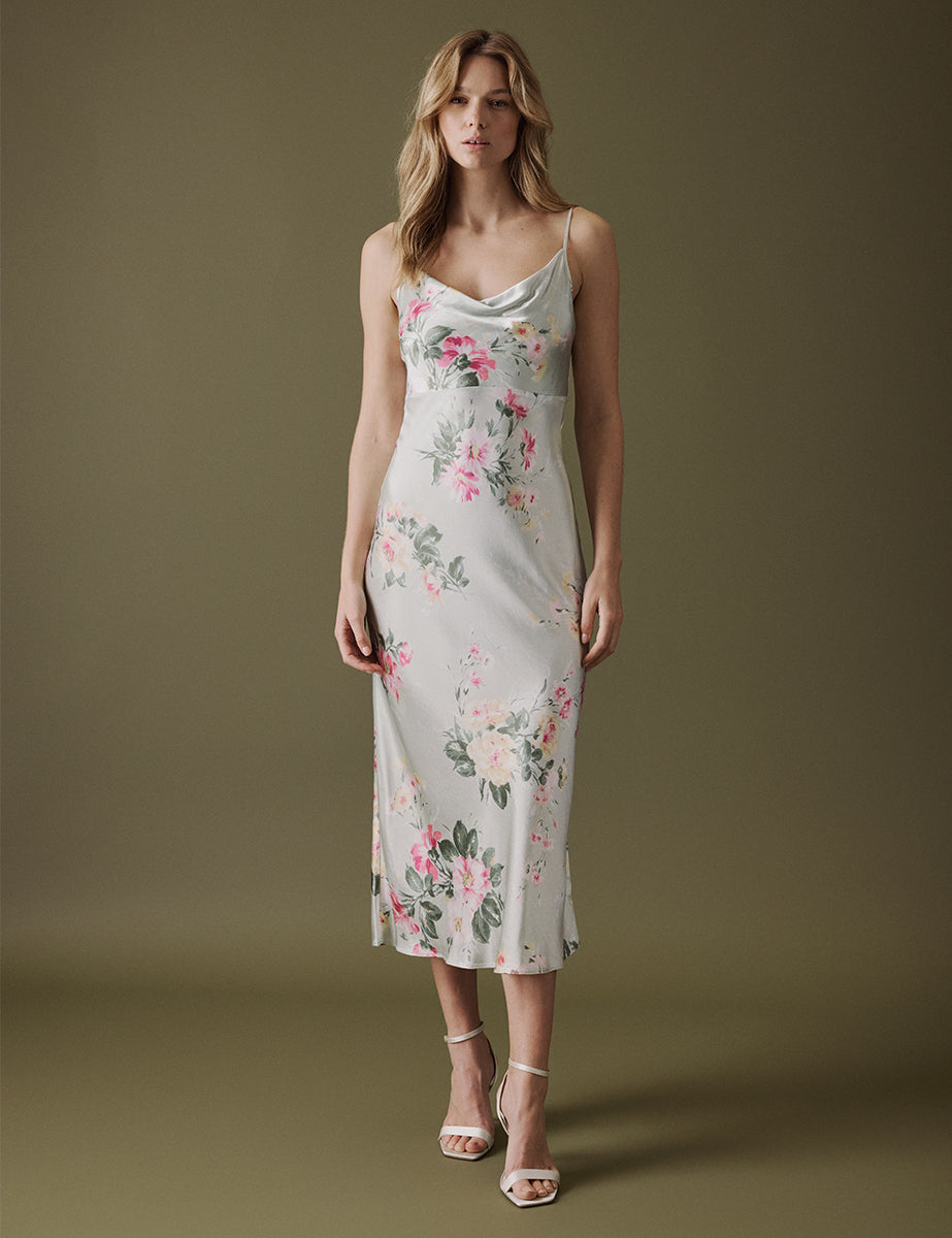 Floral Green Cowl Neck Midi Trixie Dress