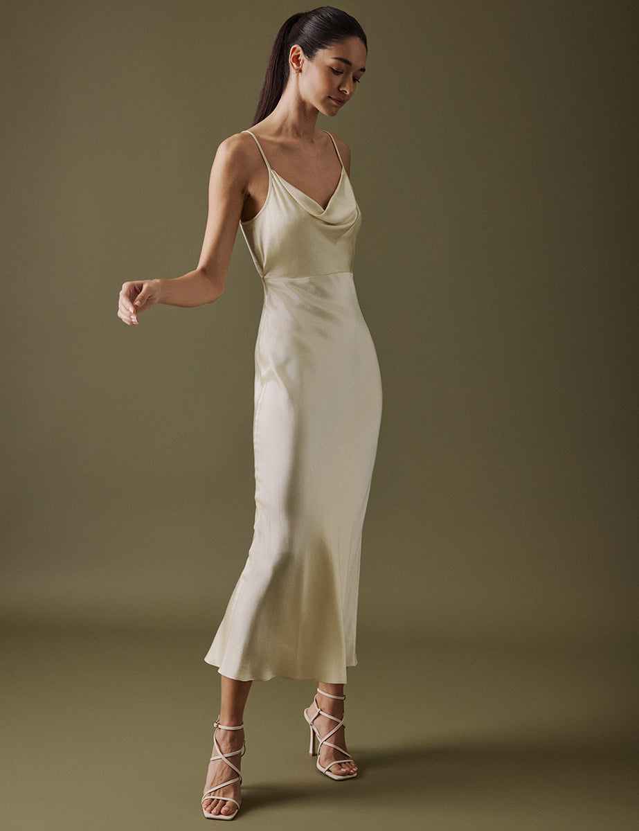 Butter Yellow Cowl Neck Midi Trixie Dress