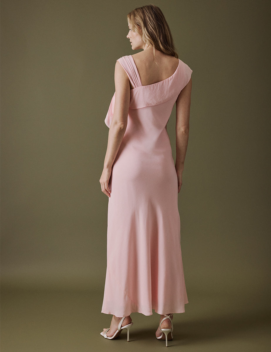 Soft Pink Asymmetric Neckline Midi Gardenia Dress