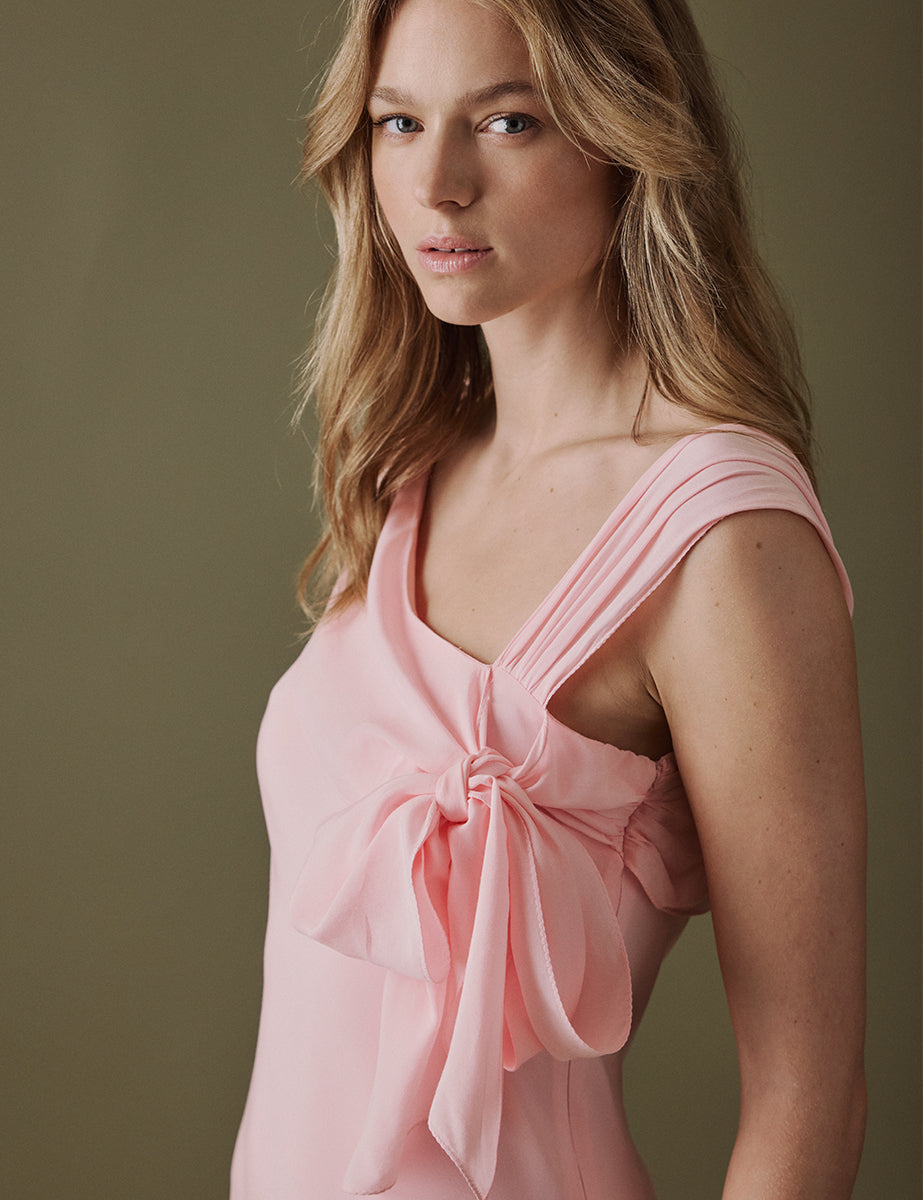 Soft Pink Asymmetric Neckline Midi Gardenia Dress