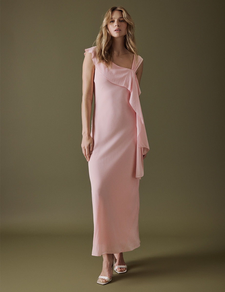 Soft Pink Asymmetric Neckline Midi Gardenia Dress