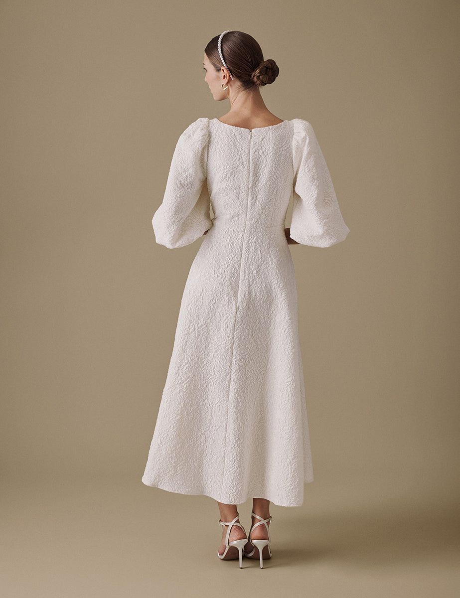 Ivory Floral Jacquard Bridal Issy Midi Dress
