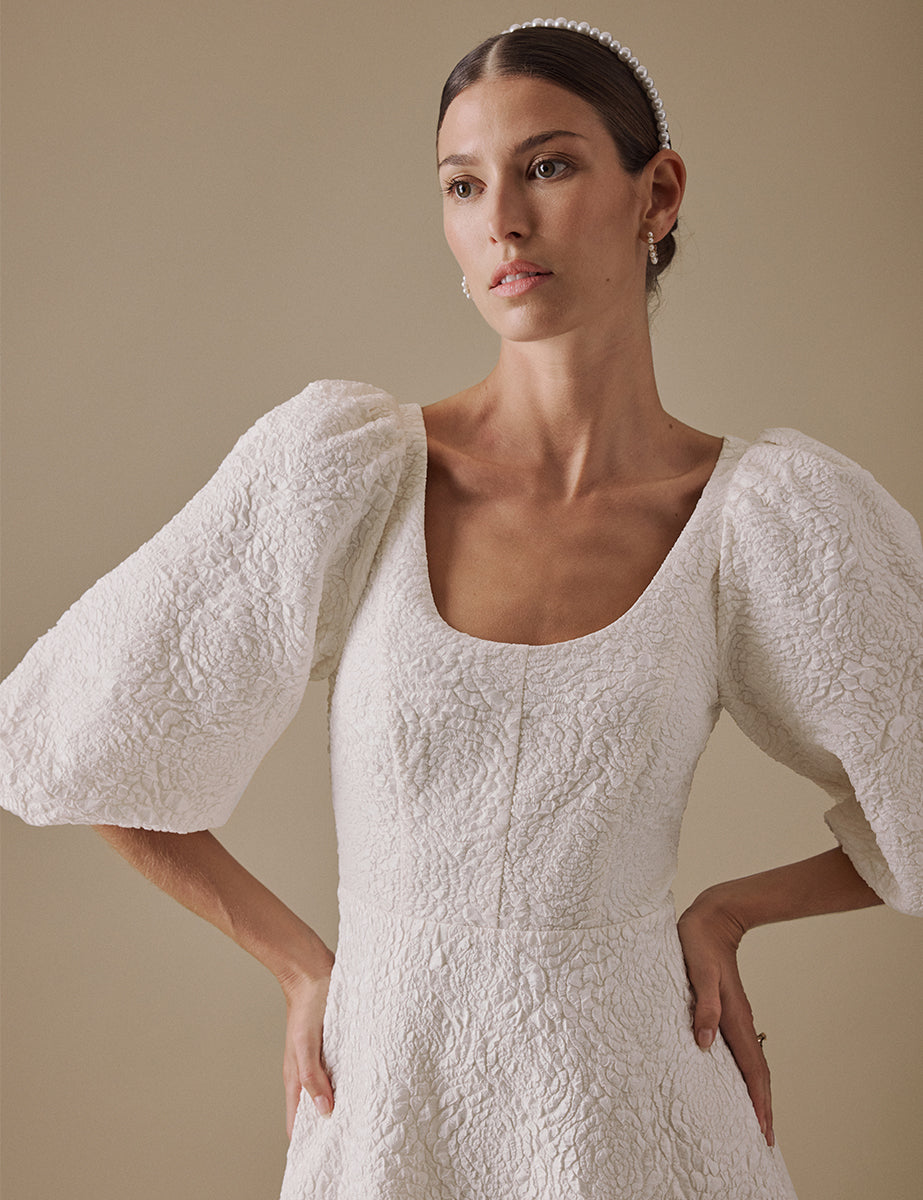 Ivory Floral Jacquard Bridal Issy Midi Dress