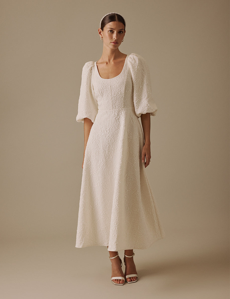 Ivory Floral Jacquard Bridal Issy Midi Dress