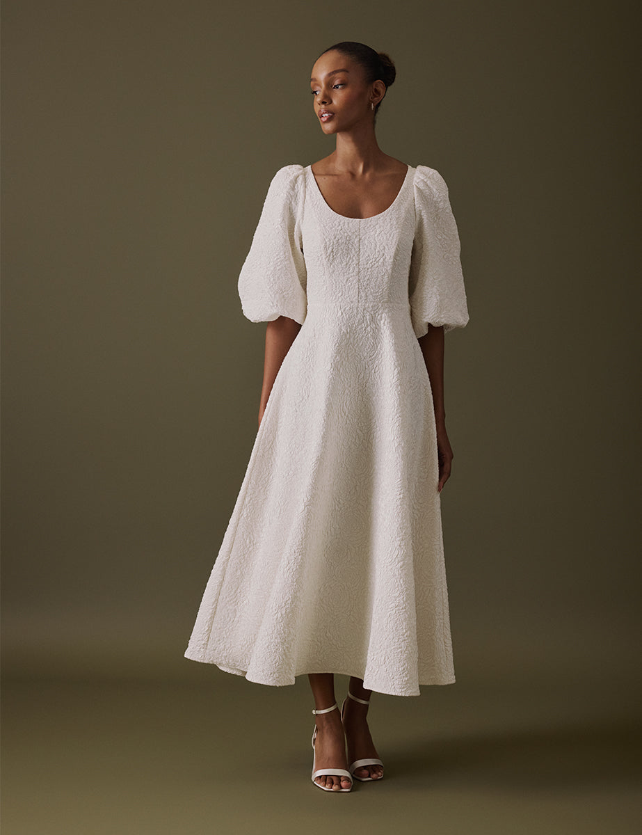 Ivory Floral Jacquard Bridal Issy Midi Dress
