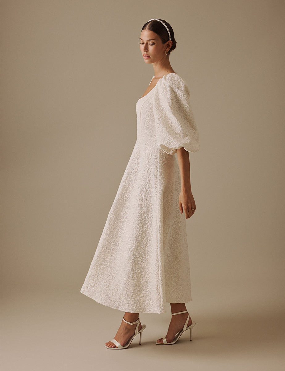 Ivory Floral Jacquard Bridal Issy Midi Dress