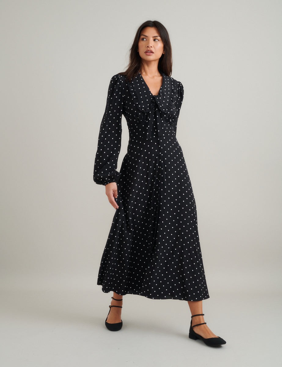 Black Polka Dot Ottillie Midi Dress