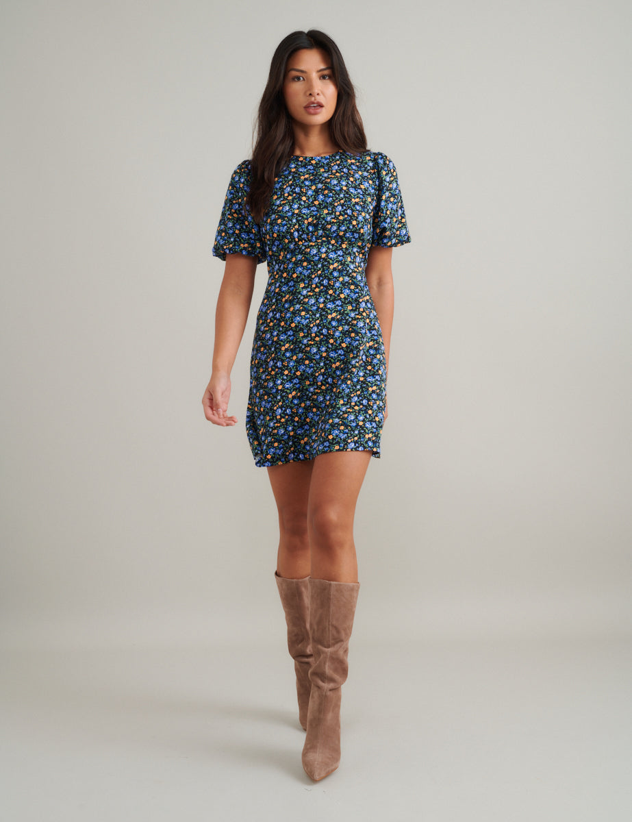 Blue and Yellow Ditsy Floral Benita Mini Dress