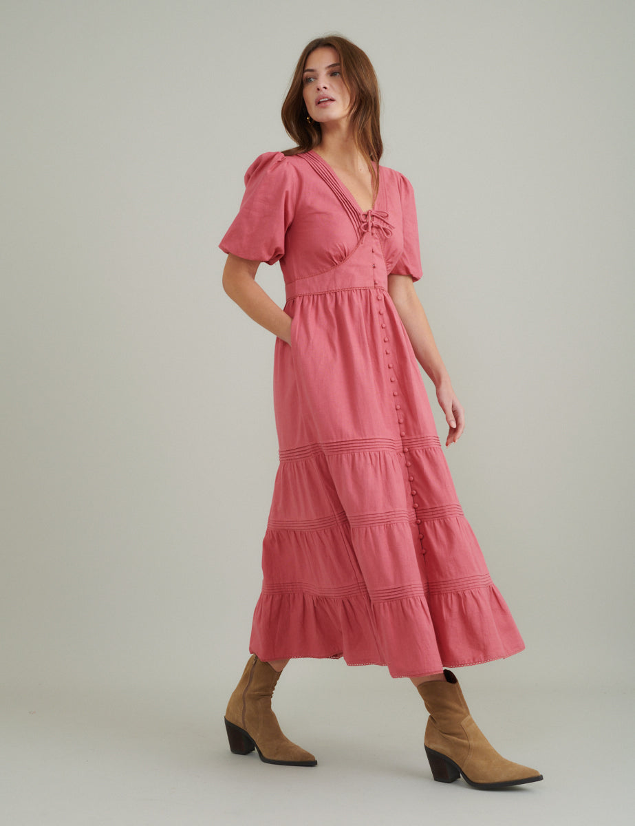 Pink Puff Sleeve Tiered Alexandra Midi Dress