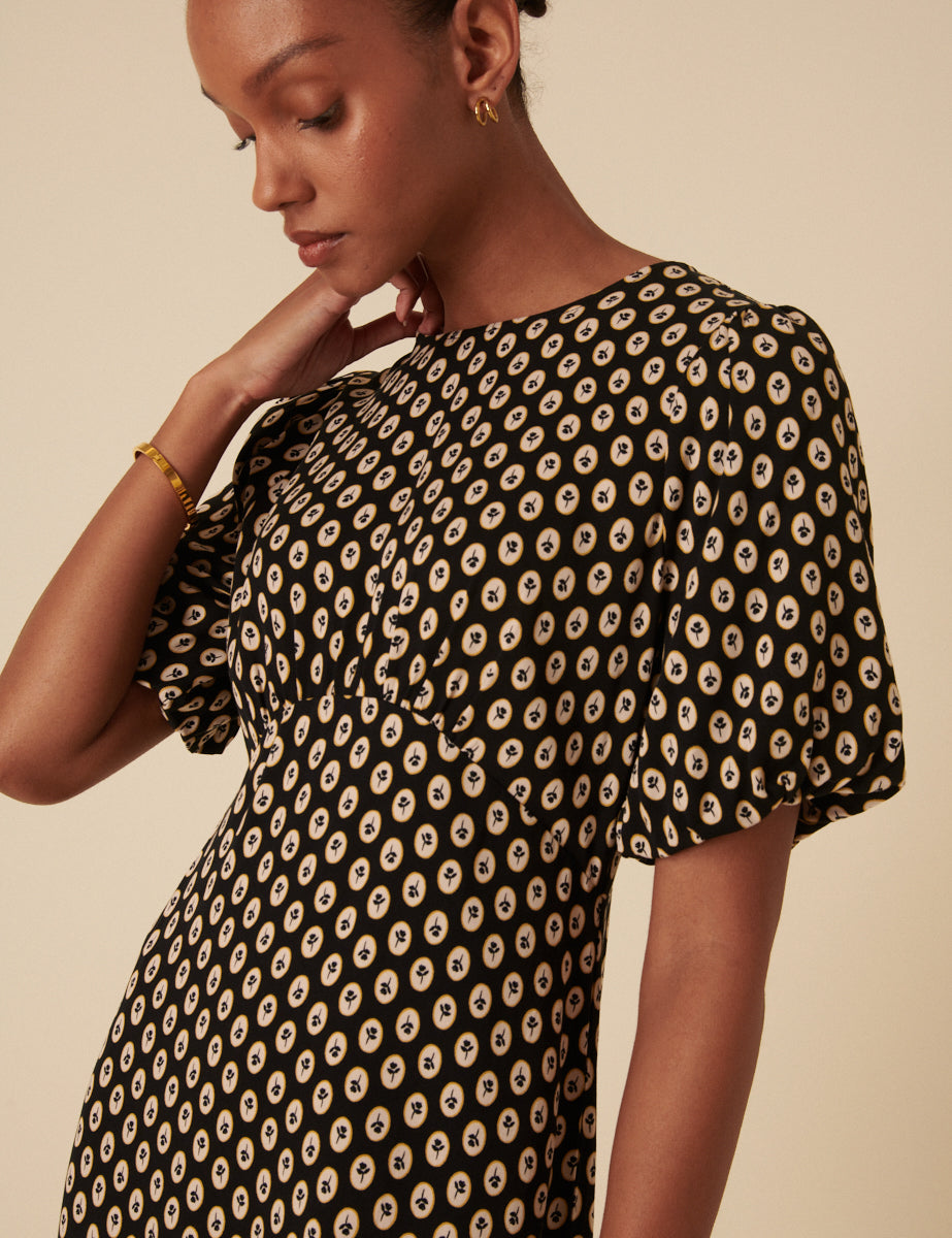 Black Floral Printed Benita Mini Dress