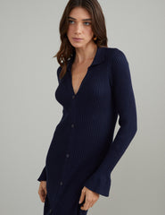 Navy Ribbed Knitted Polo Midi Dress