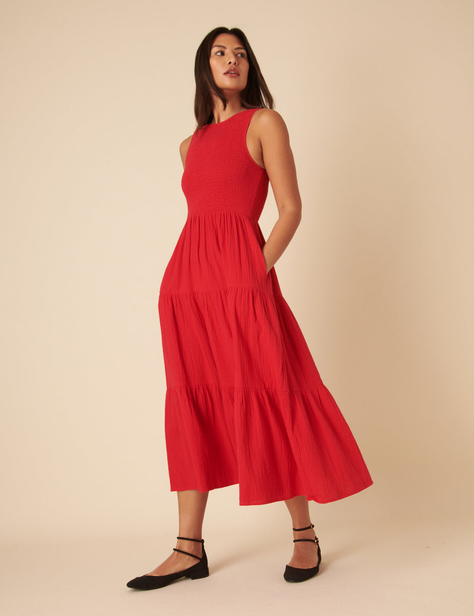 Red Sleeveless Tiered Charlie Midi Dress