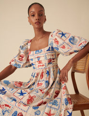 Beige Shell Print Nova Midi Dress