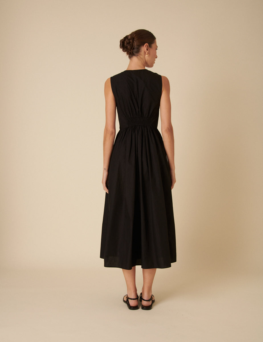Black Button Down A-line Oak Midi Dress
