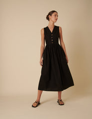 Black Button Down A-line Oak Midi Dress