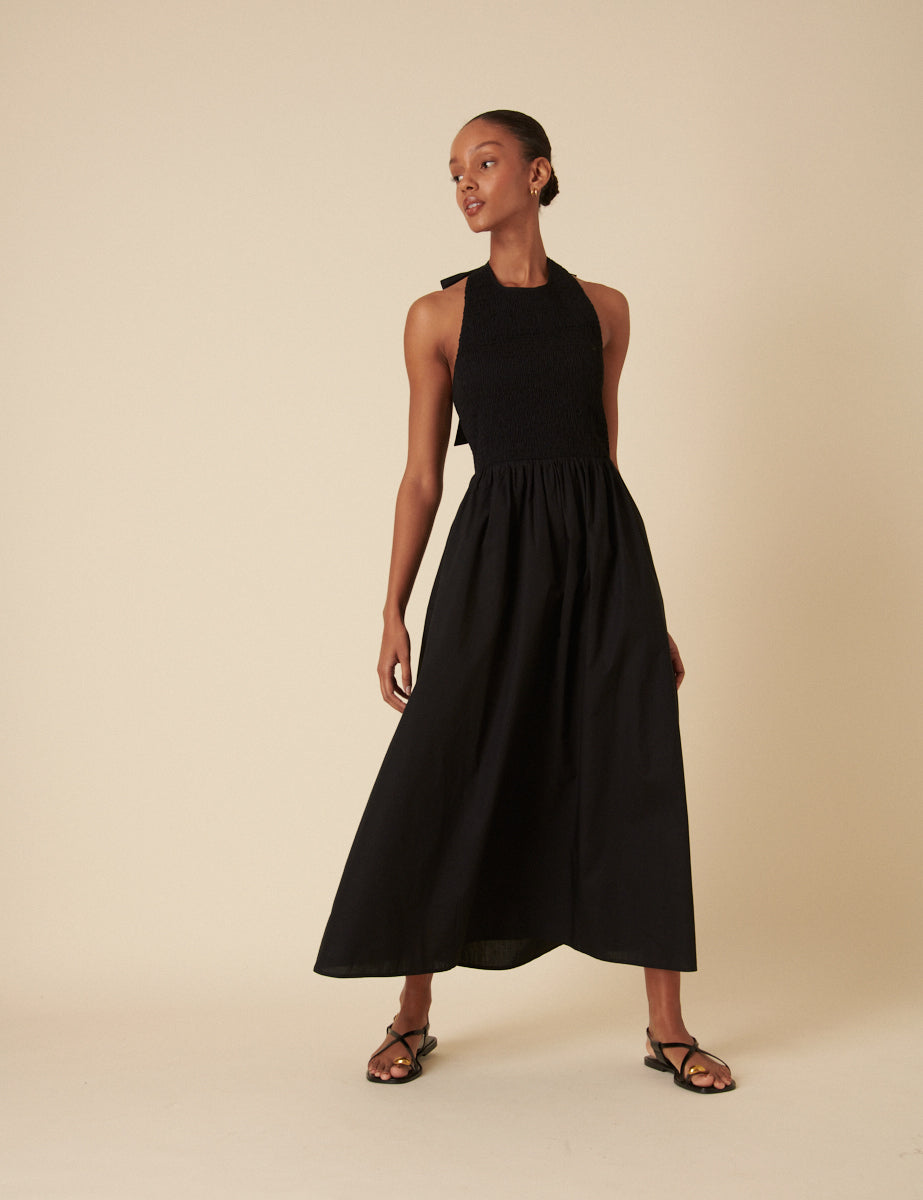 Black Shirred Halter Neck Tizzy Midi Dress