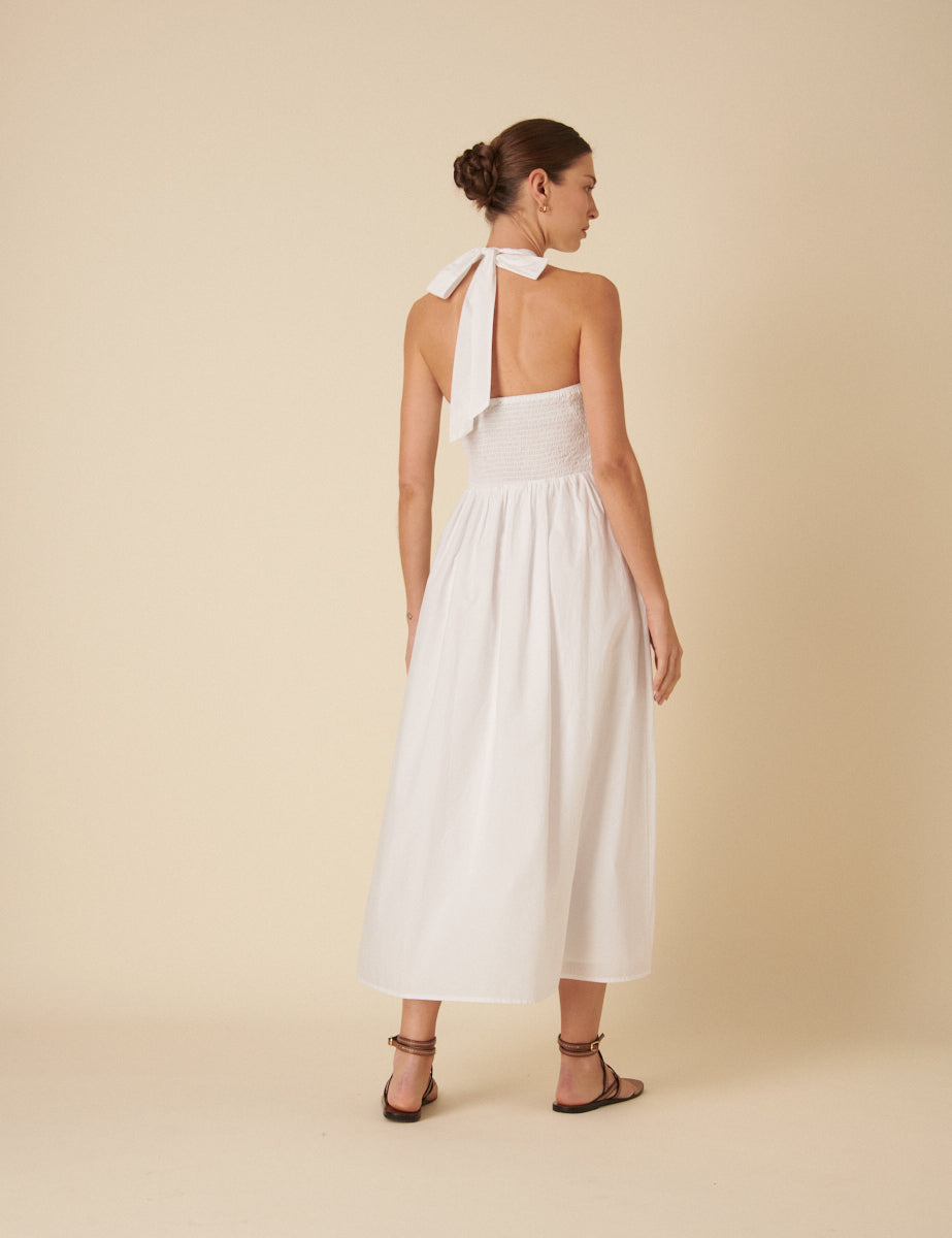 White Shirred Halter Neck Tizzy Midi Dress