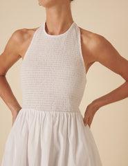 White Shirred Halter Neck Tizzy Midi Dress
