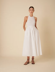 White Shirred Halter Neck Tizzy Midi Dress