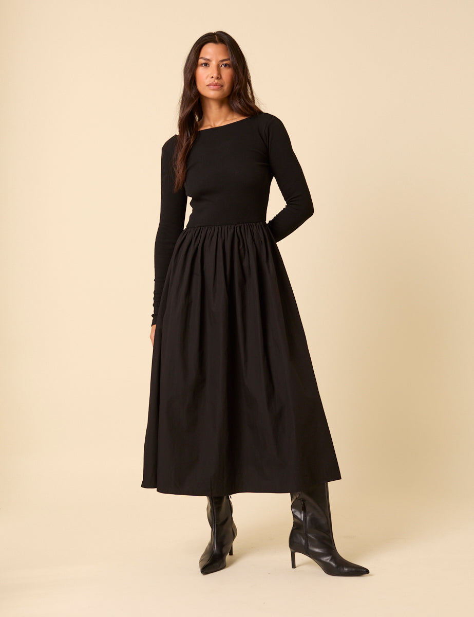 Black Long Sleeve A-Line Penni Midi Dress